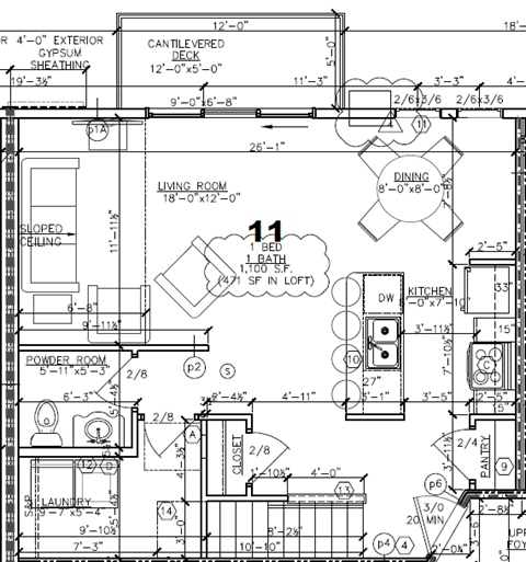 Floor plan for 1 bed, 1.5 baths, 960 sqft